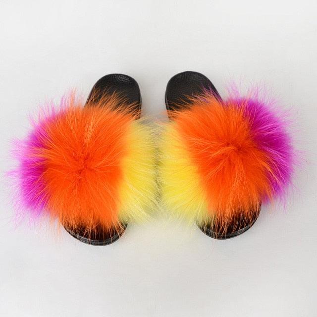 Summer Women Raccoon Fur Slippers Plush Slides Furry Sandals Fluffy House Shoes Girl's Cute Flip Flops Sandal With Soft Furry Faux Fox Fur House Outdoor Multicolor Slippers - Courbe et Compagnie