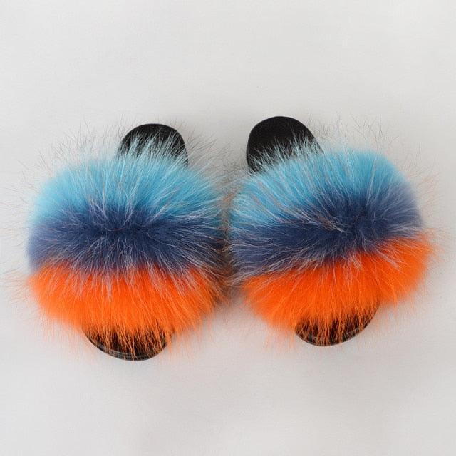 Summer Women Raccoon Fur Slippers Plush Slides Furry Sandals Fluffy House Shoes Girl's Cute Flip Flops Sandal With Soft Furry Faux Fox Fur House Outdoor Multicolor Slippers - Courbe et Compagnie