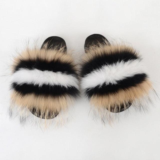 Summer Women Raccoon Fur Slippers Plush Slides Furry Sandals Fluffy House Shoes Girl's Cute Flip Flops Sandal With Soft Furry Faux Fox Fur House Outdoor Multicolor Slippers - Courbe et Compagnie