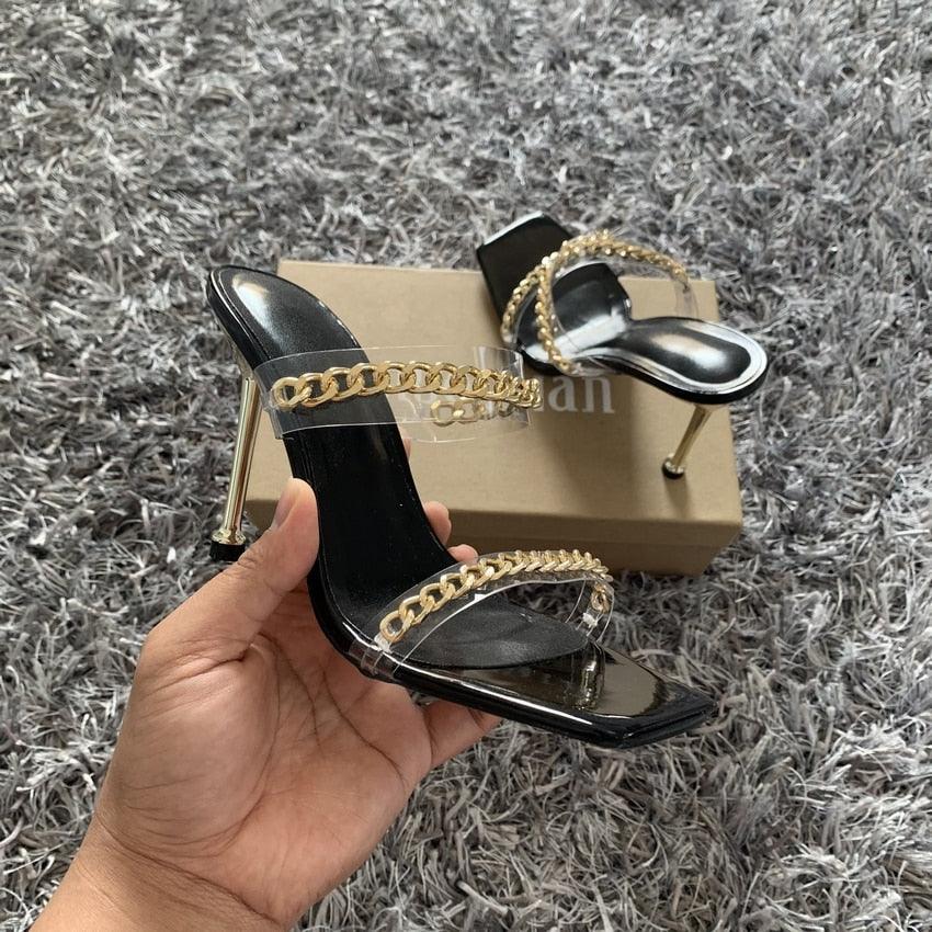 Summer Women Sandals Square Toe Ladies Heel Clear Transparent High Heels Slippers Fashion Chain Woman Open Toe Slip On Dress Luxury Party Backless Slides High Heels Slipper - Courbe et Compagnie