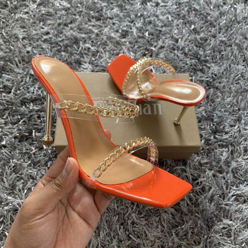 Summer Women Sandals Square Toe Ladies Heel Clear Transparent High Heels Slippers Fashion Chain Woman Open Toe Slip On Dress Luxury Party Backless Slides High Heels Slipper - Courbe et Compagnie