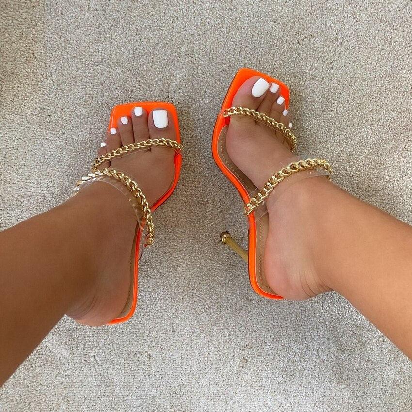 Summer Women Sandals Square Toe Ladies Heel Clear Transparent High Heels Slippers Fashion Chain Woman Open Toe Slip On Dress Luxury Party Backless Slides High Heels Slipper - Courbe et Compagnie