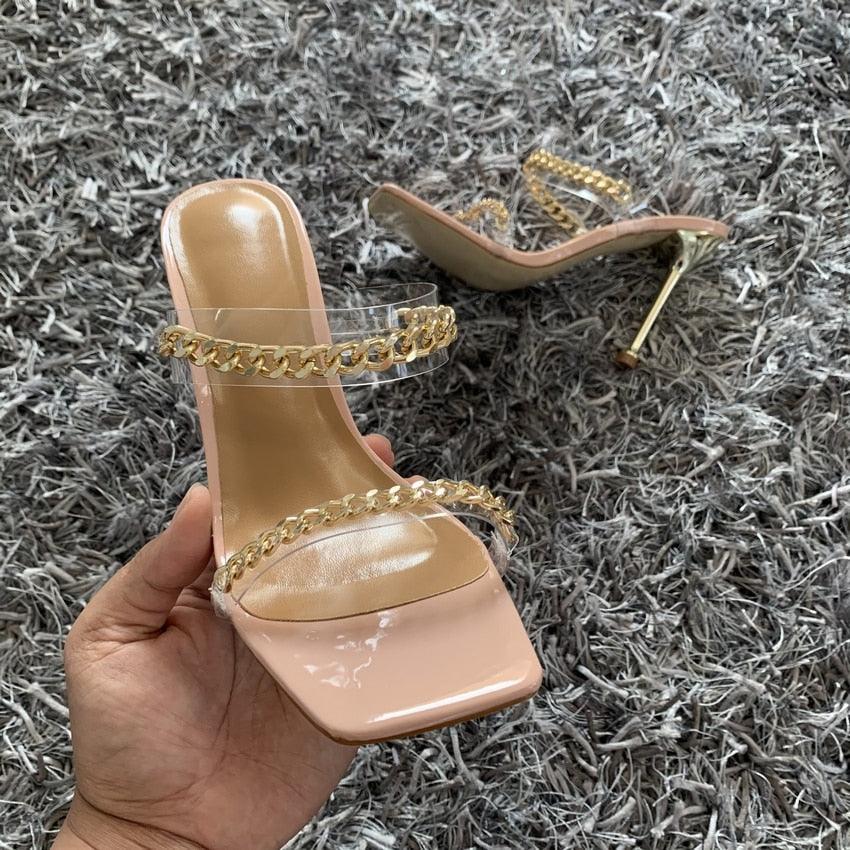 Summer Women Sandals Square Toe Ladies Heel Clear Transparent High Heels Slippers Fashion Chain Woman Open Toe Slip On Dress Luxury Party Backless Slides High Heels Slipper - Courbe et Compagnie