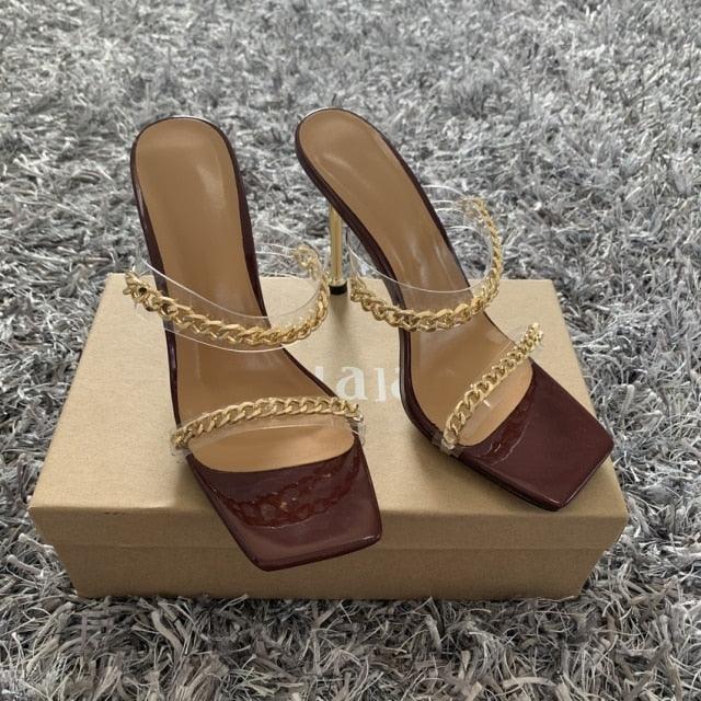 Summer Women Sandals Square Toe Ladies Heel Clear Transparent High Heels Slippers Fashion Chain Woman Open Toe Slip On Dress Luxury Party Backless Slides High Heels Slipper - Courbe et Compagnie