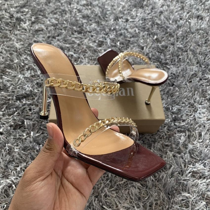 Summer Women Sandals Square Toe Ladies Heel Clear Transparent High Heels Slippers Fashion Chain Woman Open Toe Slip On Dress Luxury Party Backless Slides High Heels Slipper - Courbe et Compagnie