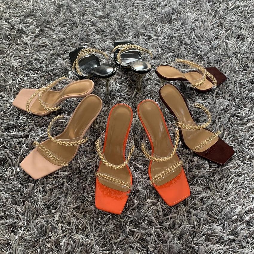 Summer Women Sandals Square Toe Ladies Heel Clear Transparent High Heels Slippers Fashion Chain Woman Open Toe Slip On Dress Luxury Party Backless Slides High Heels Slipper - Courbe et Compagnie