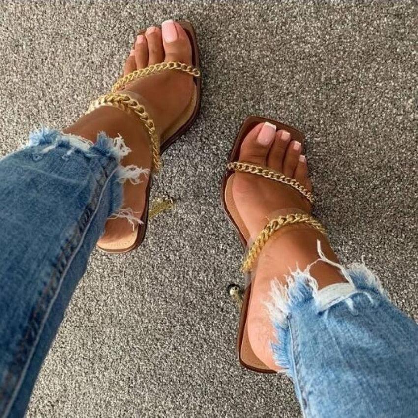 Summer Women Sandals Square Toe Ladies Heel Clear Transparent High Heels Slippers Fashion Chain Woman Open Toe Slip On Dress Luxury Party Backless Slides High Heels Slipper - Courbe et Compagnie