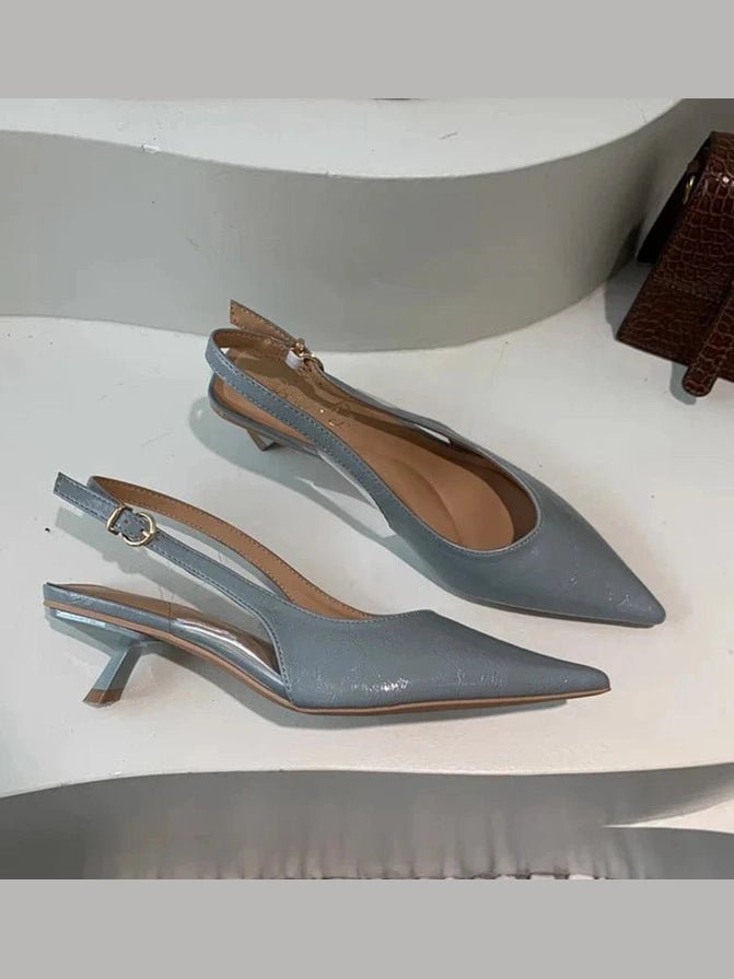 SUOJIALUN Summer New Women Sandal Fashion Pointed Toe Shallow Slip On Ladies Elegant Slingback Shoes Thin Med Heel Dress Mules - Courbe et Compagnie