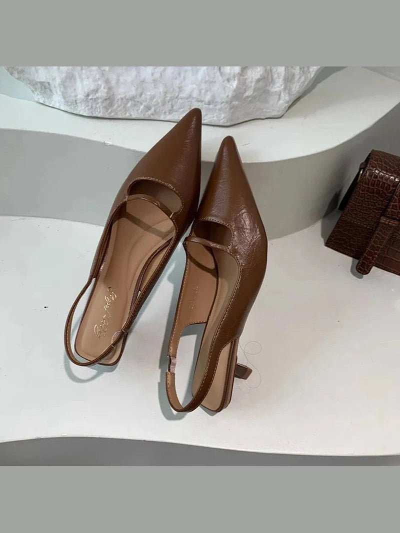 SUOJIALUN Summer New Women Sandal Fashion Pointed Toe Shallow Slip On Ladies Elegant Slingback Shoes Thin Med Heel Dress Mules - Courbe et Compagnie