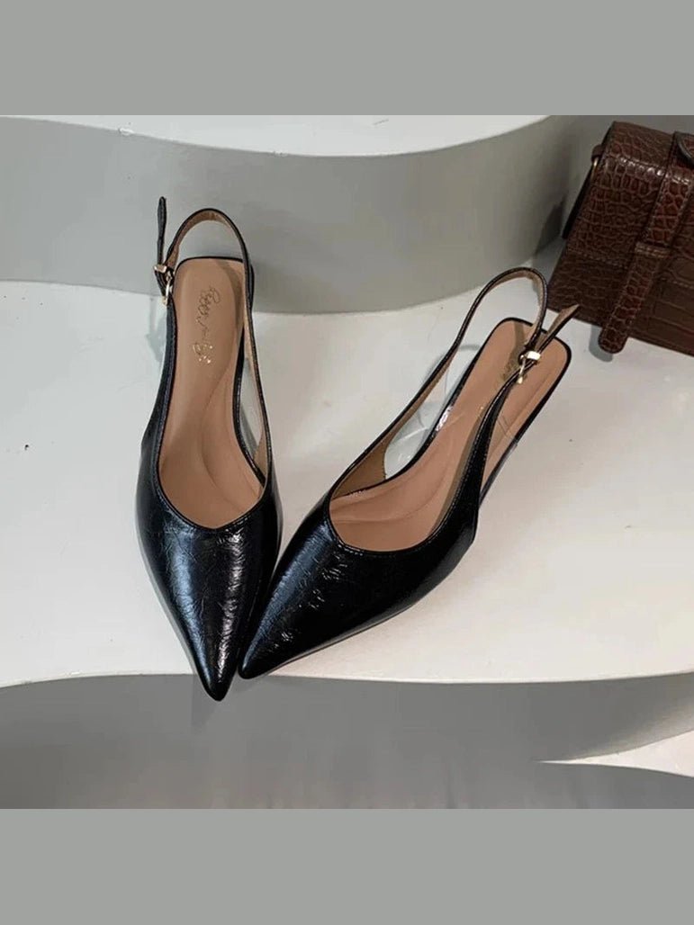 SUOJIALUN Summer New Women Sandal Fashion Pointed Toe Shallow Slip On Ladies Elegant Slingback Shoes Thin Med Heel Dress Mules - Courbe et Compagnie