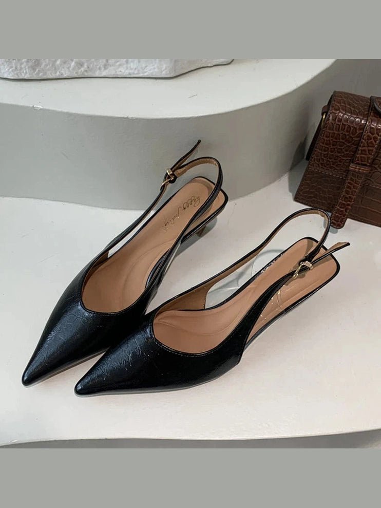 SUOJIALUN Summer New Women Sandal Fashion Pointed Toe Shallow Slip On Ladies Elegant Slingback Shoes Thin Med Heel Dress Mules - Courbe et Compagnie