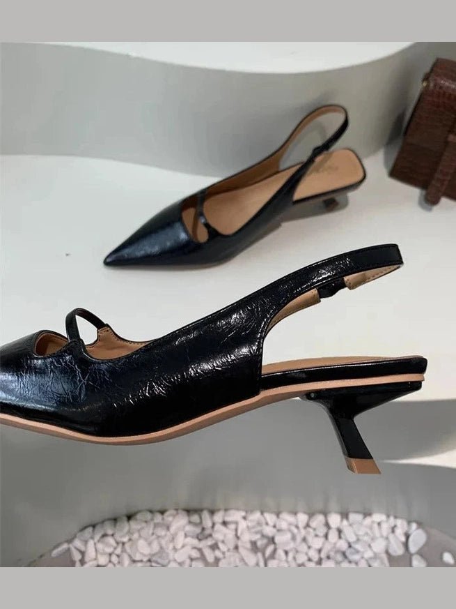 SUOJIALUN Summer New Women Sandal Fashion Pointed Toe Shallow Slip On Ladies Elegant Slingback Shoes Thin Med Heel Dress Mules - Courbe et Compagnie