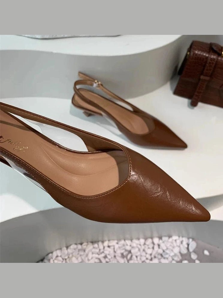 SUOJIALUN Summer New Women Sandal Fashion Pointed Toe Shallow Slip On Ladies Elegant Slingback Shoes Thin Med Heel Dress Mules - Courbe et Compagnie