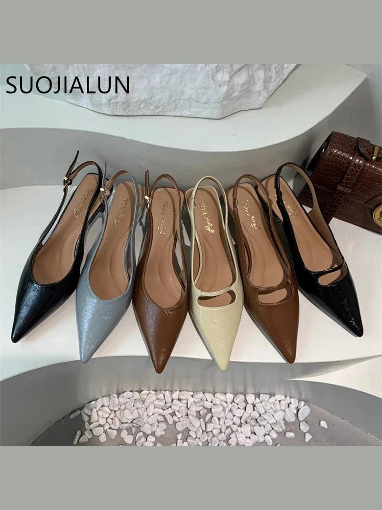 SUOJIALUN Summer New Women Sandal Fashion Pointed Toe Shallow Slip On Ladies Elegant Slingback Shoes Thin Med Heel Dress Mules - Courbe et Compagnie