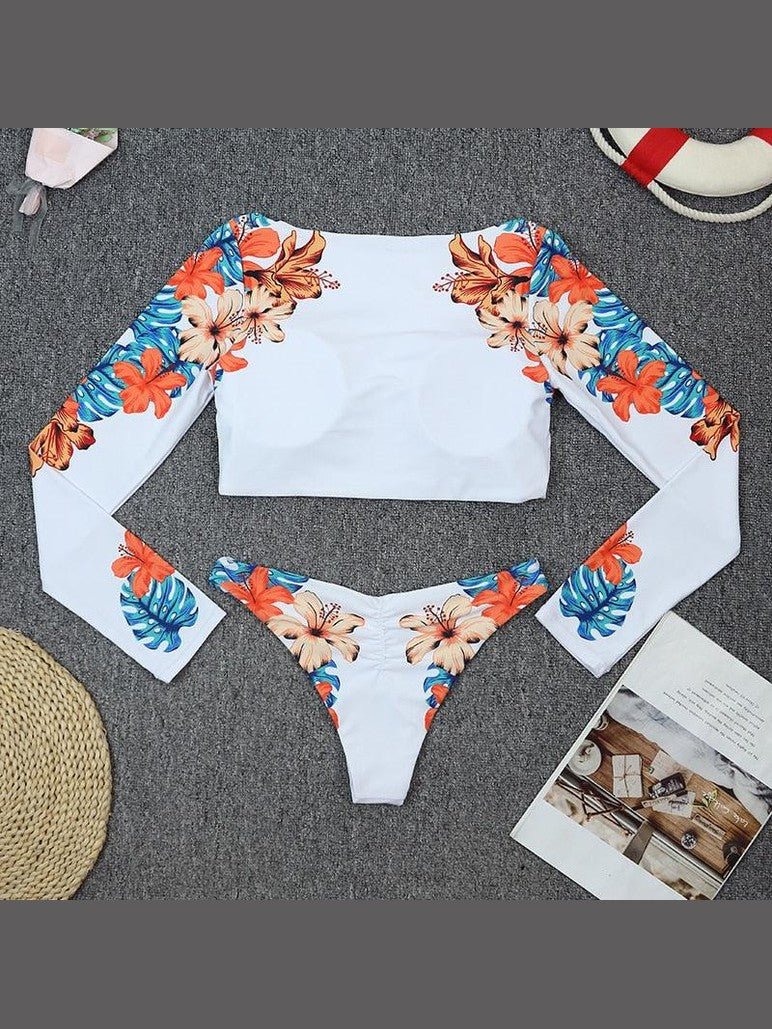 Surfing Swimsuit For Women Bikini Long Sleeve Swimwear Tiger Print Push Up Summer Bath Suit Two Piece Surfing Rash Guard Bikini Long Sleeve Swimsuit Set - Courbe et Compagnie