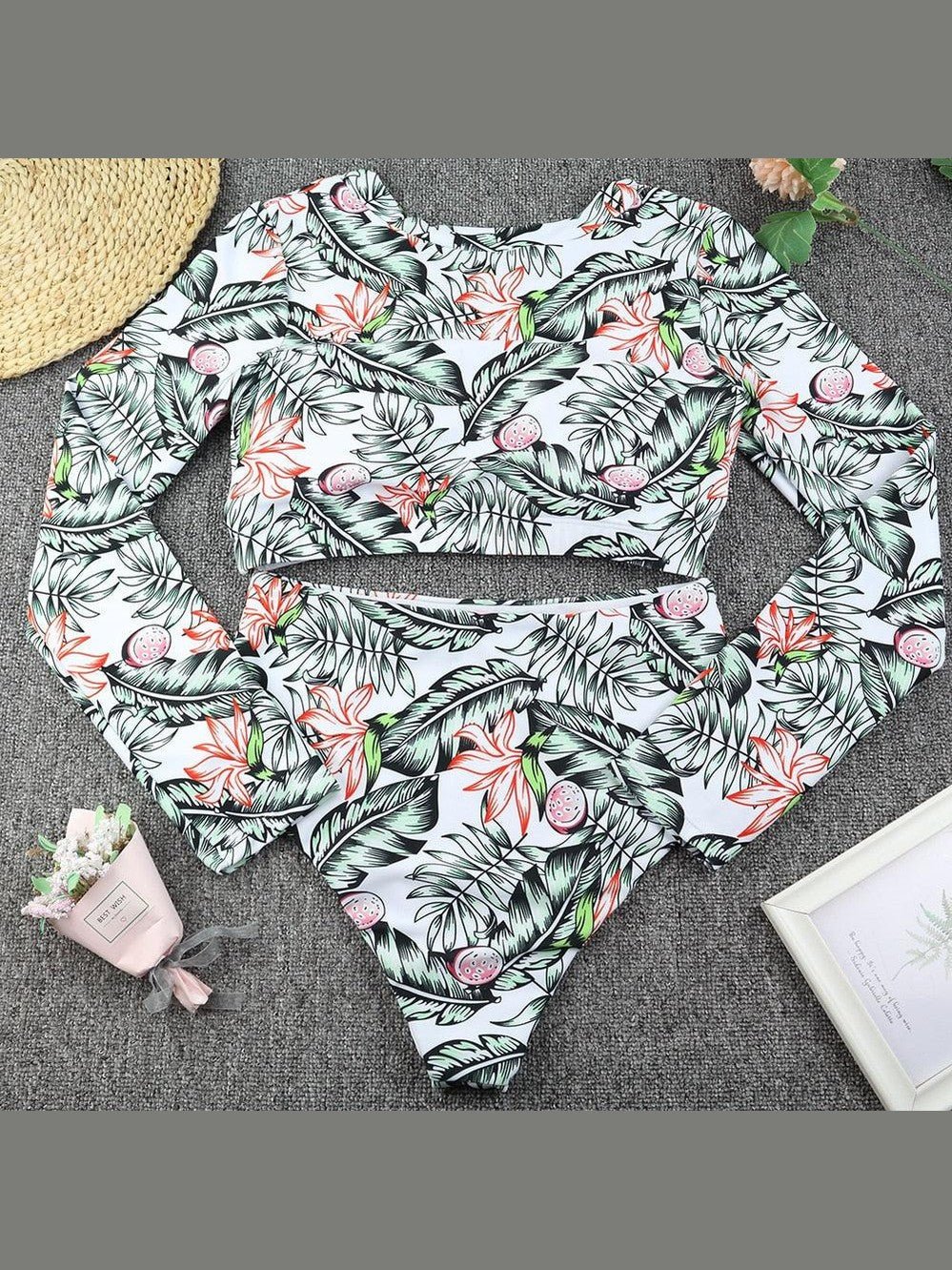 Surfing Swimsuit For Women Bikini Long Sleeve Swimwear Tiger Print Push Up Summer Bath Suit Two Piece Surfing Rash Guard Bikini Long Sleeve Swimsuit Set - Courbe et Compagnie
