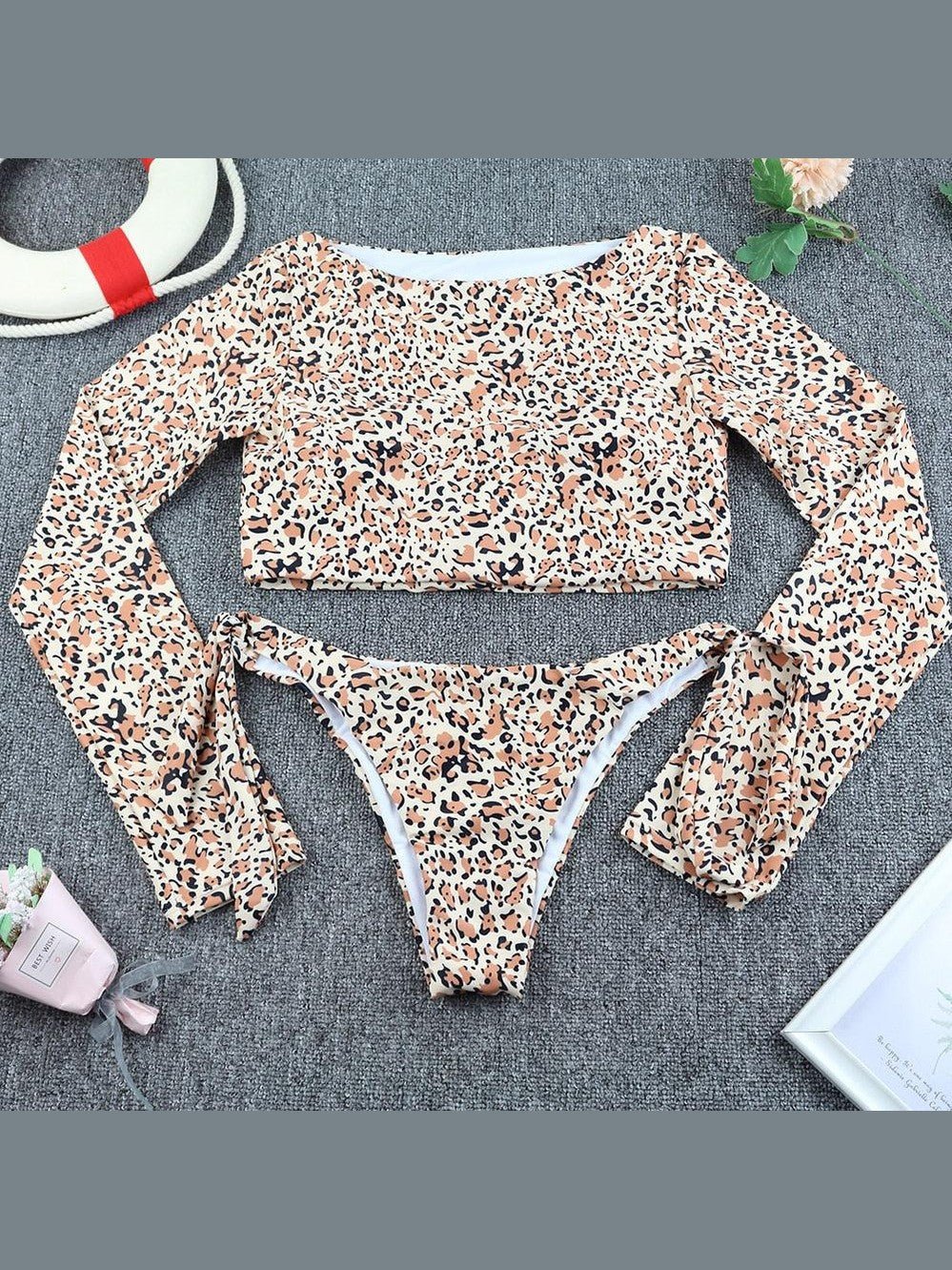 Surfing Swimsuit For Women Bikini Long Sleeve Swimwear Tiger Print Push Up Summer Bath Suit Two Piece Surfing Rash Guard Bikini Long Sleeve Swimsuit Set - Courbe et Compagnie