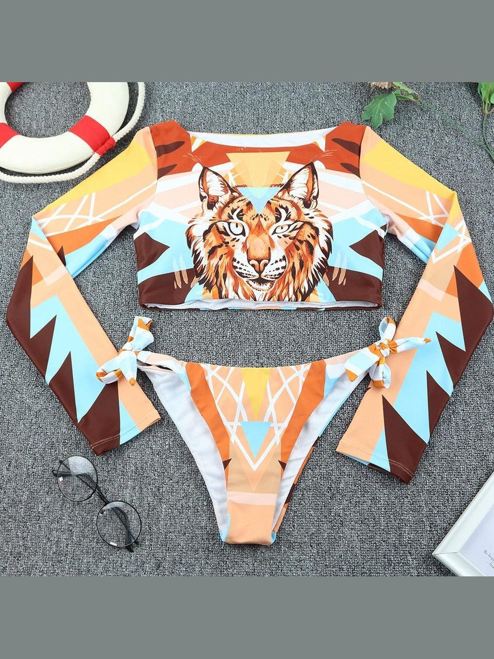 Surfing Swimsuit For Women Bikini Long Sleeve Swimwear Tiger Print Push Up Summer Bath Suit Two Piece Surfing Rash Guard Bikini Long Sleeve Swimsuit Set - Courbe et Compagnie