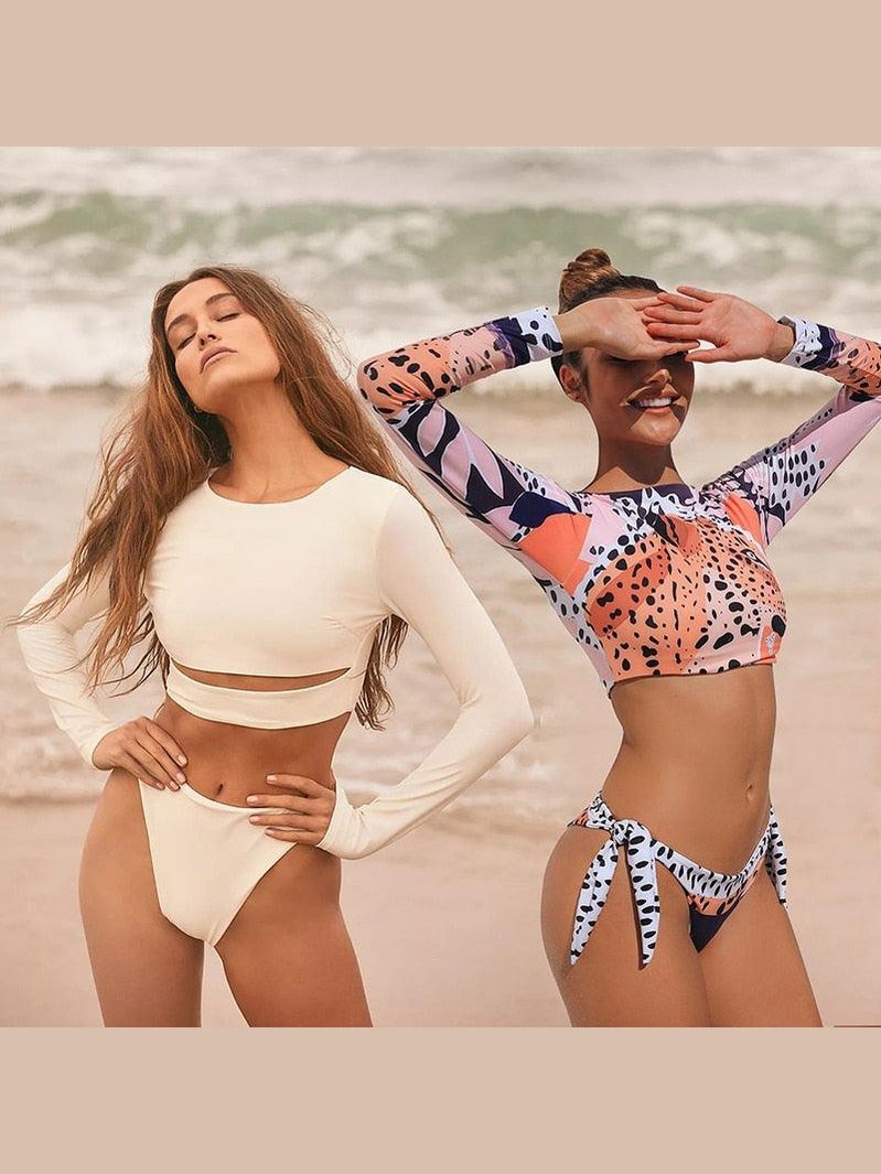 Surfing Swimsuit For Women Bikini Long Sleeve Swimwear Tiger Print Push Up Summer Bath Suit Two Piece Surfing Rash Guard Bikini Long Sleeve Swimsuit Set - Courbe et Compagnie