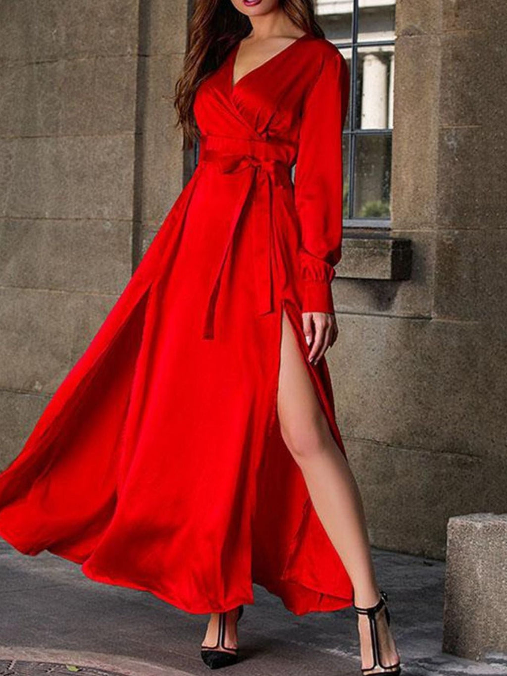 Surplice Long Sleeve Slit Maxi Dress - Courbe et Compagnie