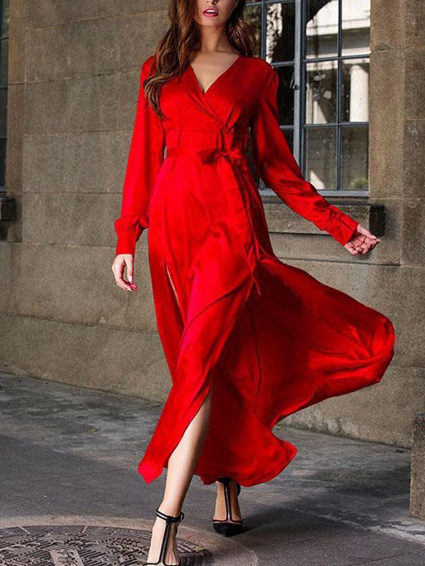 Surplice Long Sleeve Slit Maxi Dress - Courbe et Compagnie