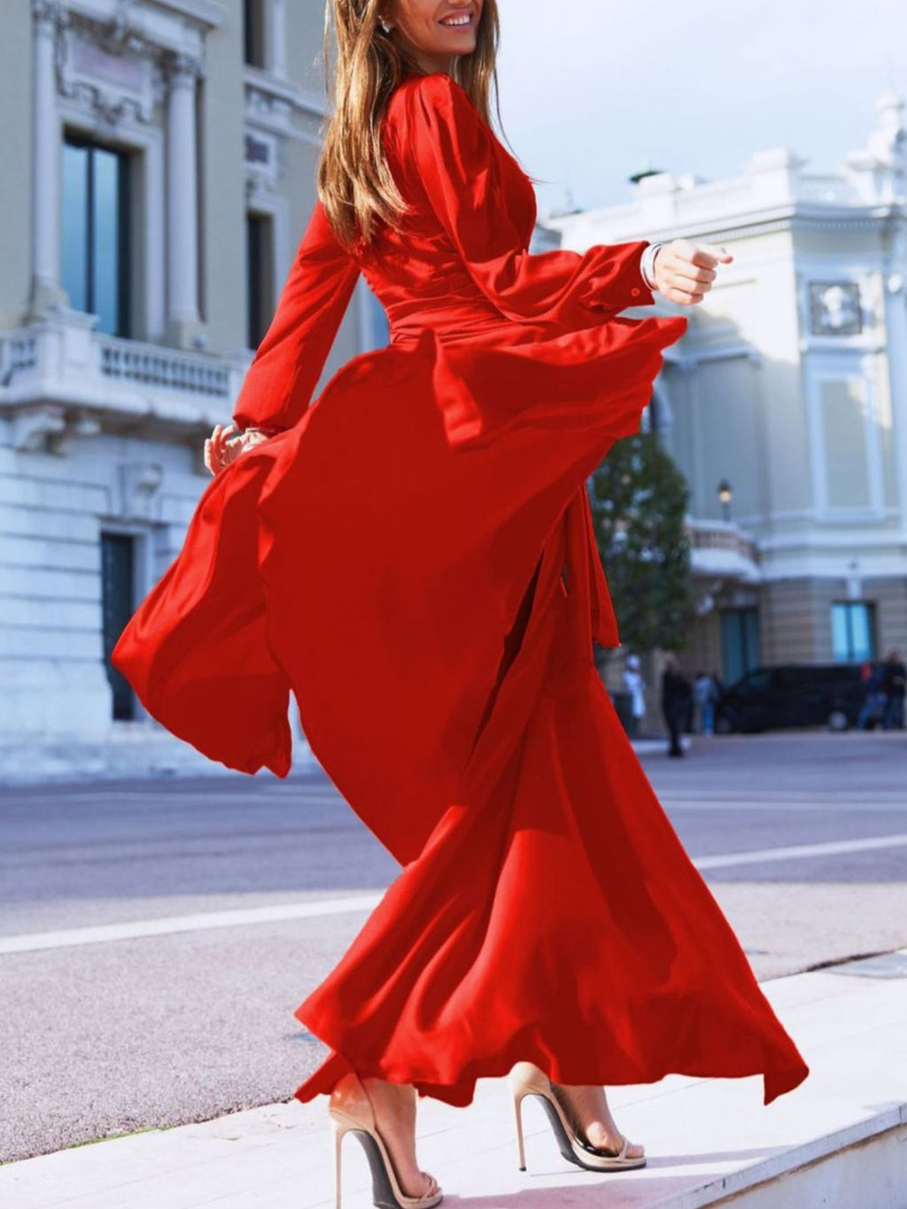Surplice Long Sleeve Slit Maxi Dress - Courbe et Compagnie