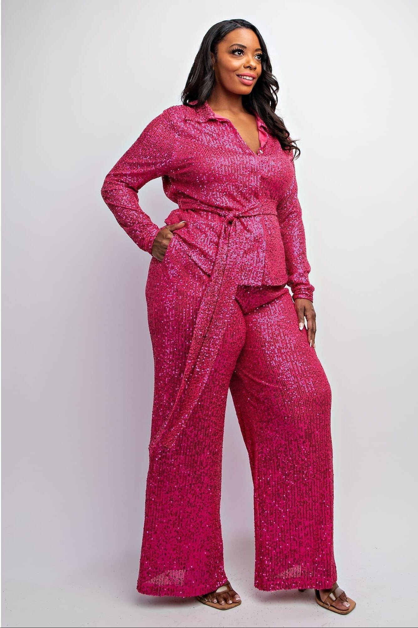 Sylvia Luxury Plus Size Sequin Shirt and Wide Leg Pants Set - Courbe et Compagnie