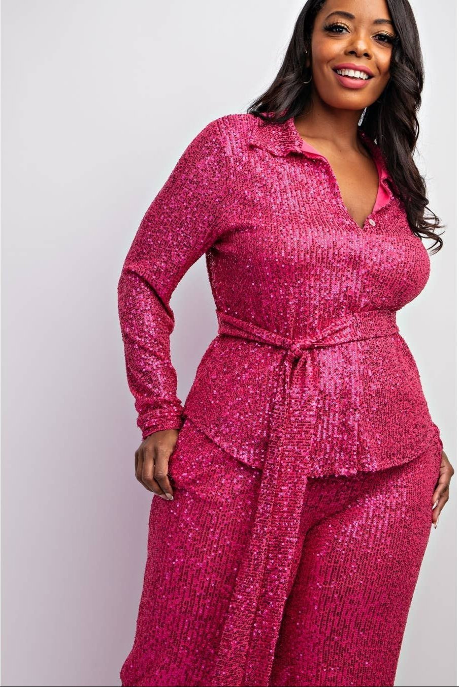 Sylvia Luxury Plus Size Sequin Shirt and Wide Leg Pants Set - Courbe et Compagnie