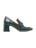 Teal Leather Lock Heel Loafer - Courbe et Compagnie