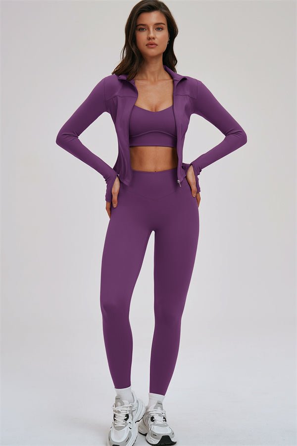The Kinetic Zip Jacket Cross Back Sports Bra Leggings 3-Piece Set - Courbe et Compagnie