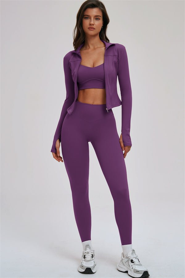 The Kinetic Zip Jacket Cross Back Sports Bra Leggings 3-Piece Set - Courbe et Compagnie