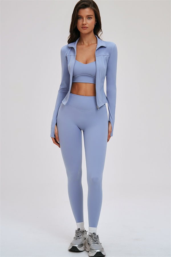 The Kinetic Zip Jacket Cross Back Sports Bra Leggings 3-Piece Set - Courbe et Compagnie