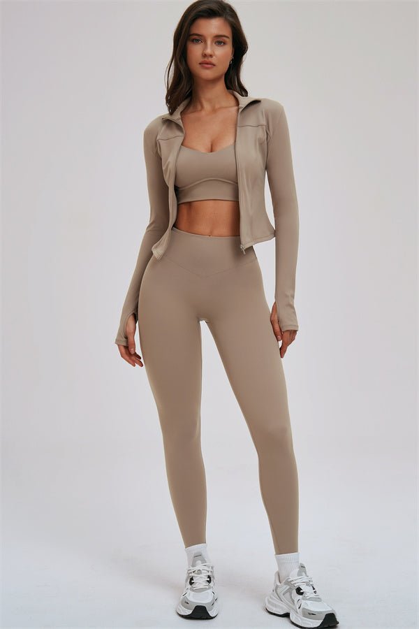 The Kinetic Zip Jacket Cross Back Sports Bra Leggings 3-Piece Set - Courbe et Compagnie