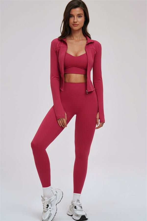 The Kinetic Zip Jacket Cross Back Sports Bra Leggings 3-Piece Set - Courbe et Compagnie