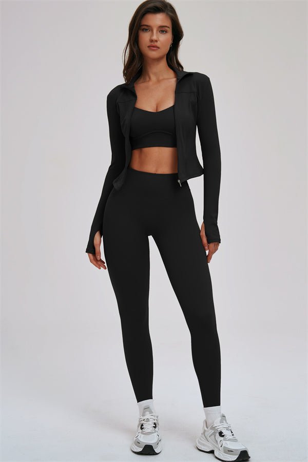 The Kinetic Zip Jacket Cross Back Sports Bra Leggings 3-Piece Set - Courbe et Compagnie