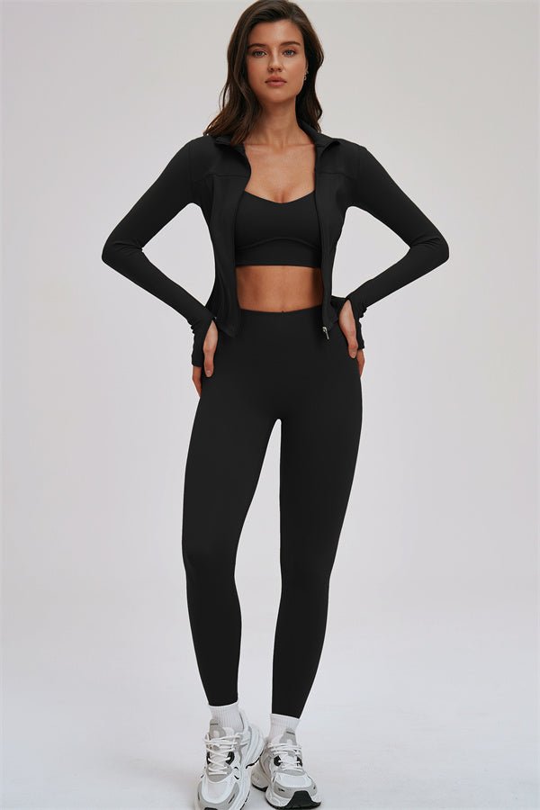 The Kinetic Zip Jacket Cross Back Sports Bra Leggings 3-Piece Set - Courbe et Compagnie