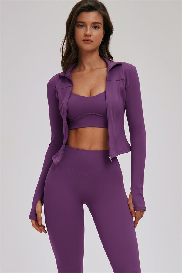 The Kinetic Zip Jacket Cross Back Sports Bra Leggings 3-Piece Set - Courbe et Compagnie