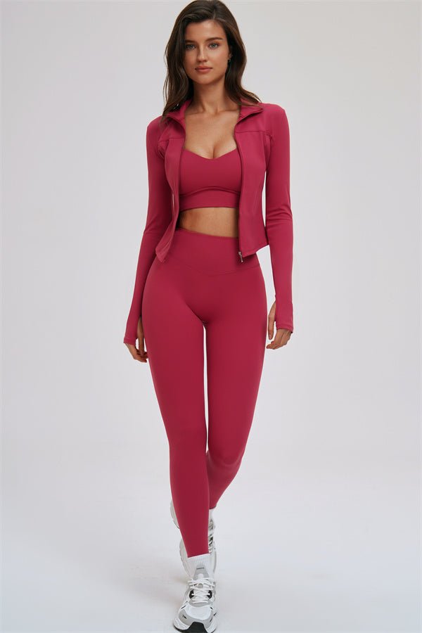 The Kinetic Zip Jacket Cross Back Sports Bra Leggings 3-Piece Set - Courbe et Compagnie