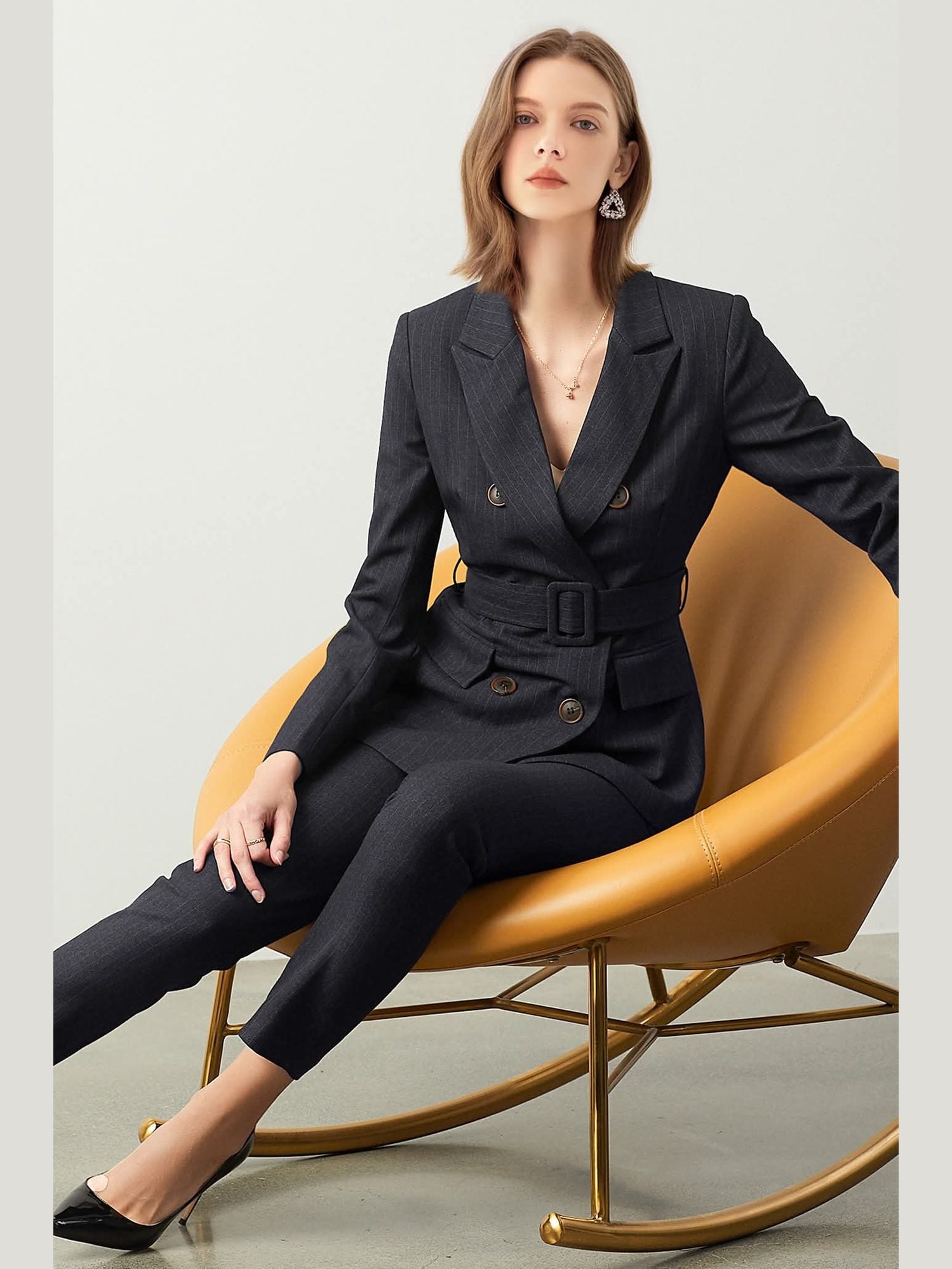 The Noir Élan Belted Stripped Suit - Courbe et Compagnie