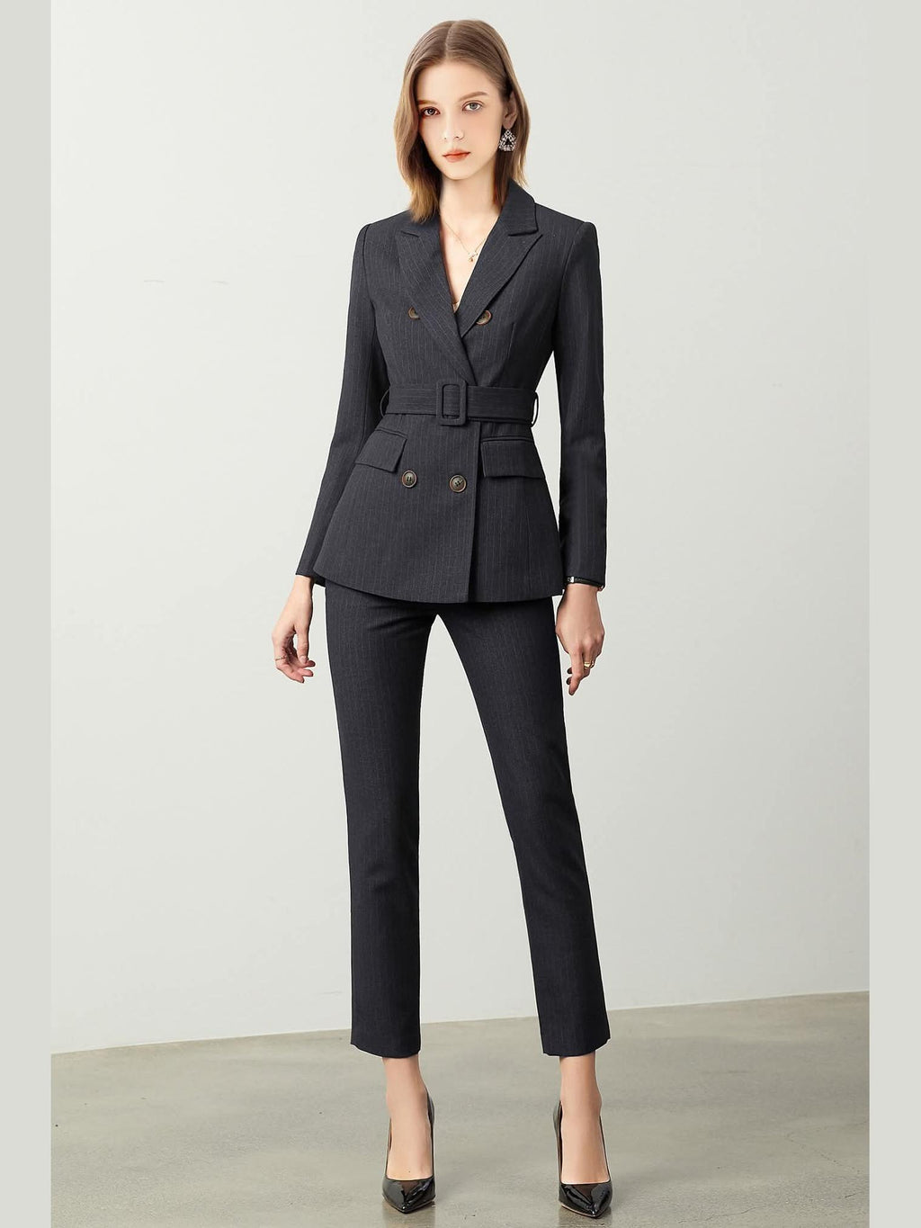The Noir Élan Belted Stripped Suit - Courbe et Compagnie
