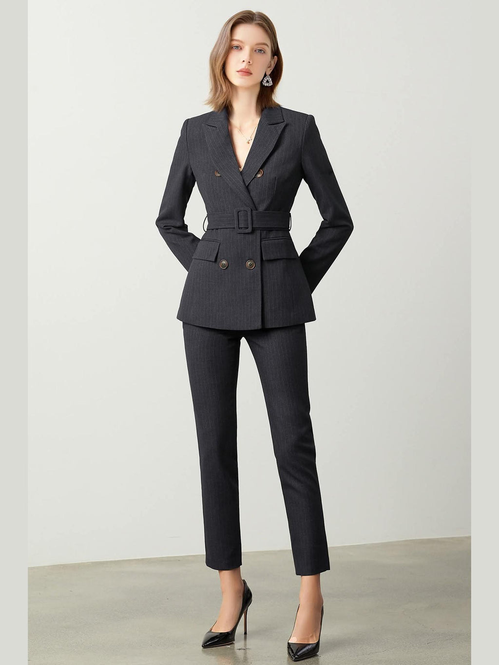 The Noir Élan Belted Stripped Suit - Courbe et Compagnie