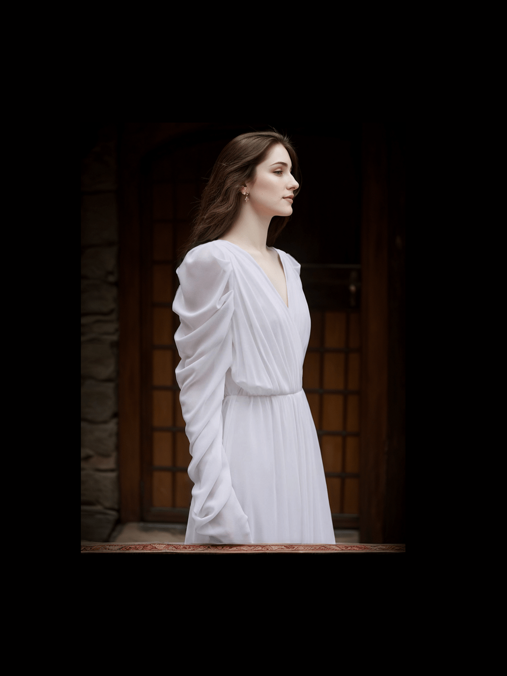 Timeless Chiffon Long Sleeve Wedding Gown with Draped Sleeves and Deep V Back - Courbe et Compagnie