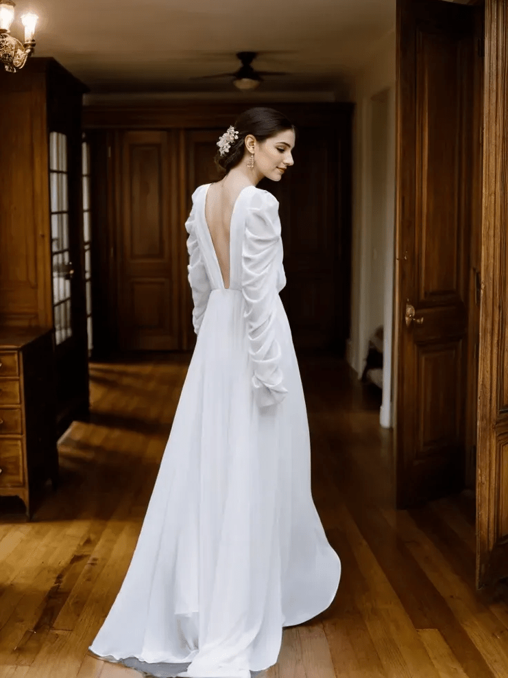 Timeless Chiffon Long Sleeve Wedding Gown with Draped Sleeves and Deep V Back - Courbe et Compagnie
