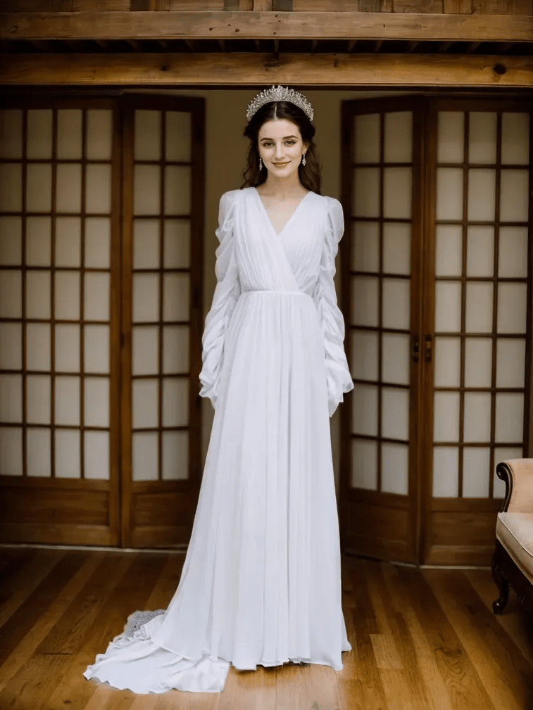 Timeless Chiffon Long Sleeve Wedding Gown with Draped Sleeves and Deep V Back - Courbe et Compagnie