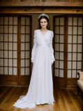 Timeless Chiffon Long Sleeve Wedding Gown with Draped Sleeves and Deep V Back - Courbe et Compagnie