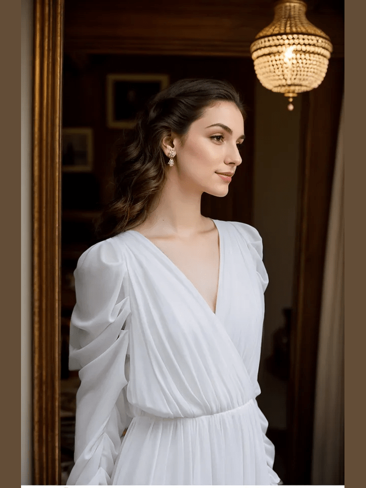 Timeless Chiffon Long Sleeve Wedding Gown with Draped Sleeves and Deep V Back - Courbe et Compagnie