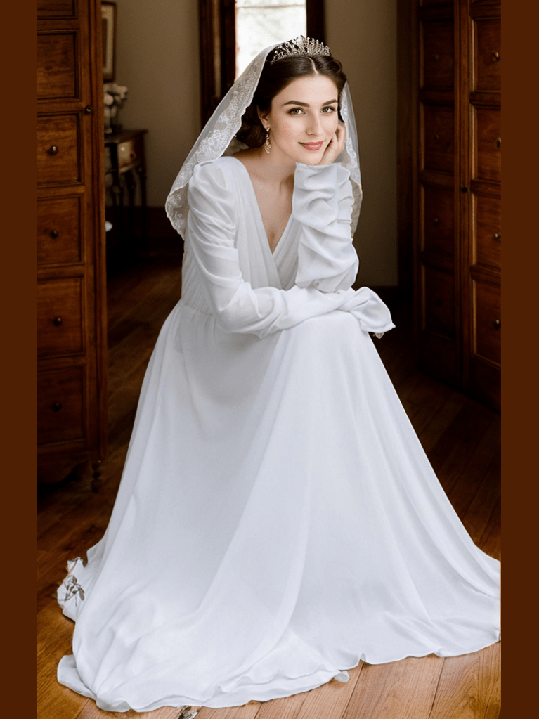 Timeless Chiffon Long Sleeve Wedding Gown with Draped Sleeves and Deep V Back - Courbe et Compagnie