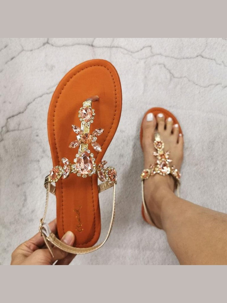 Trendy Summer Women's Shoes Beautiful Crystal Shiny Flat Sandals With Back Strap Footwear Rhinestones Flat Sandals Strappy Comfort Open Toe Flat Women Sandals - Courbe et Compagnie