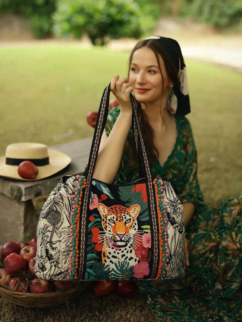 Tropical Leopard Embellished Tote - Courbe et Compagnie