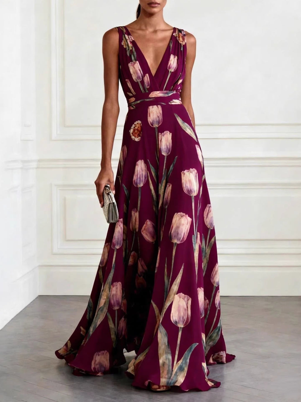 Tulip Print V-Neck Sleeveless Maxi Dress – Floral Chiffon - Courbe et Compagnie